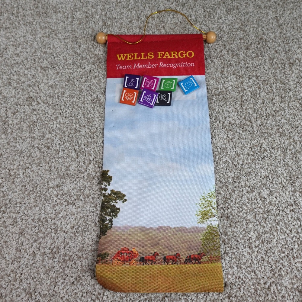 Wells Fargo Team Member Recognition Banner with 7 Colorful Achievement Pins